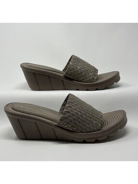Skechers Rumblers Wedge Sandal Womens 10 Taupe Woven Metallic Slide Comfort